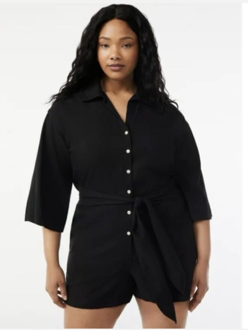 Free Assembly Black Button-Front Tie-Waist Linen Romper XS